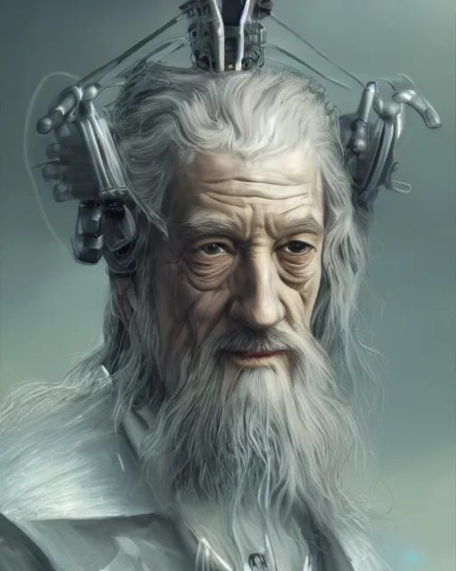 Prompt: gandalf with cybernetic enhancements, androidscifi character portrait by 1 / 4 headshot, cinematic lighting, dystopian scifi gear, gloomy, profile picture, mechanical, half robot, implants, steampunk