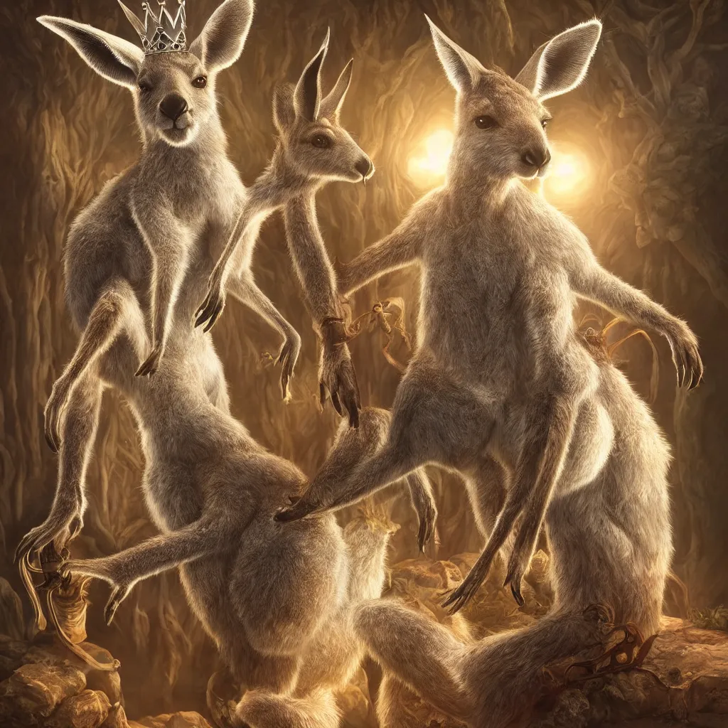 Image similar to Highly detailed portrait of kangaroo with white hair and beard wearing a crown, adventure game, D&D, fantasy art by joseph karl stieler, global illumination, radiant light, detailed and intricate environment