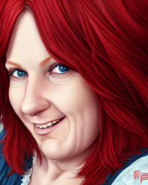 Image similar to portrait of happy short and plump 5 0 - year - old woman with red hair and, kind face, short hair, wearing in blouse, hyper realistic face, beautiful eyes, character art, art by mark brooks, hyperdetailed, cryengine, trending on artstation, digital art