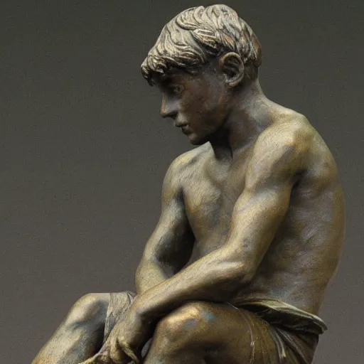 Prompt: high resolution photograph of a bronze cast sculpture of a sad peasant boy in the style of arnold böcklin