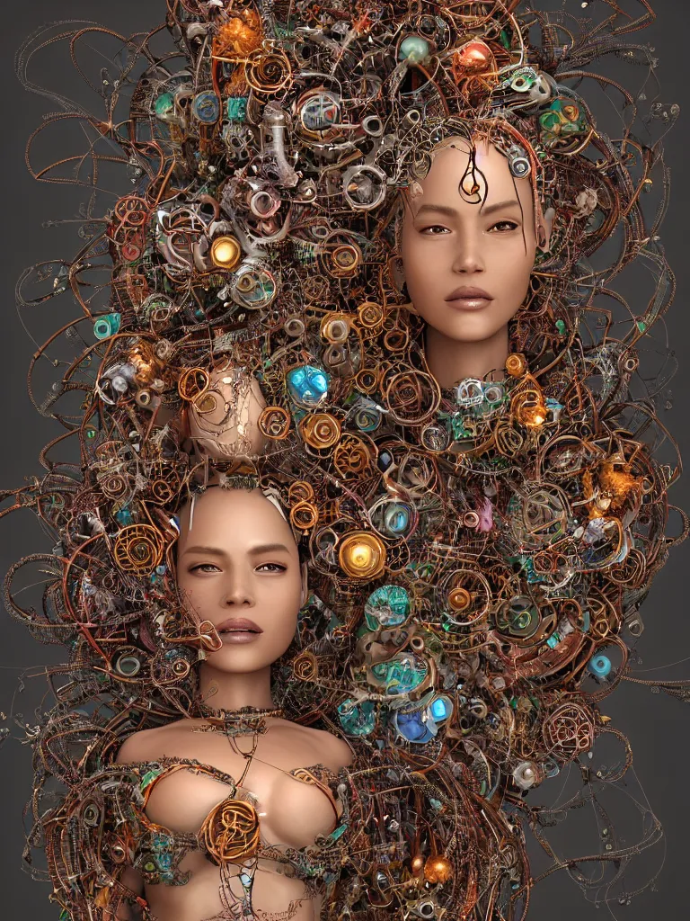 Prompt: a photo real centered image of a single beautiful tribal goddesses surrounded by intertwining bio - mech tendrils made of machine and robot parts and gemstones and leaves and feathers and incense smoke, full body, gorgeous face, perfect face, powerful, by james jean, by ross tran, 3 d, cinema 4 d render, trending on artstation, octane render, 8 k