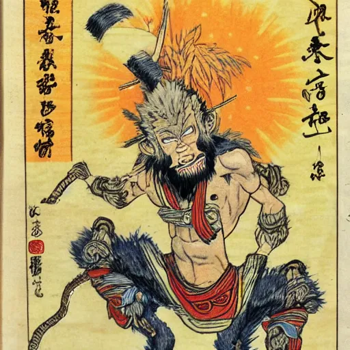 Prompt: Sun wukong,in the style of Japanese folk lore