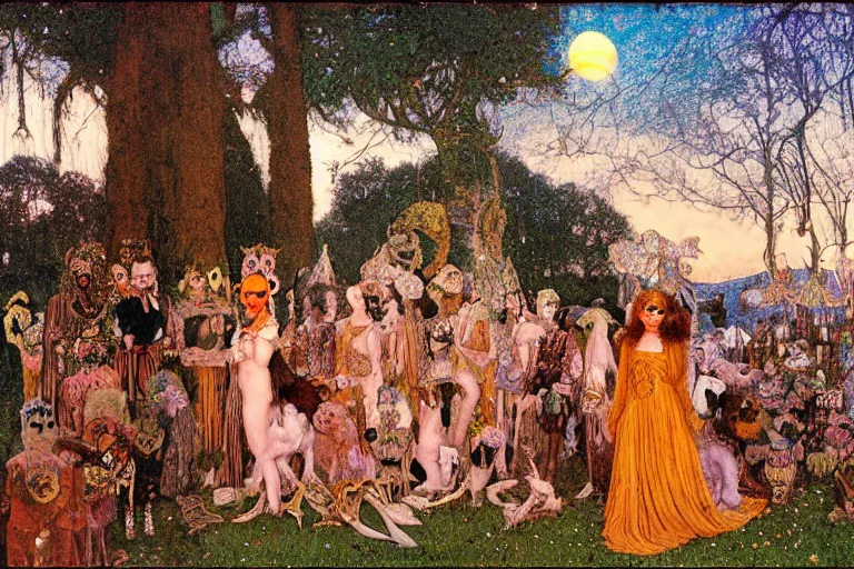 Image similar to autochrome of a midsummernight's dream renaissance forest festival at sunset with masks of wolves and sheep in the style of, jugendstil, alma tadema, vaughn bode and maxfield parrish, maurice sendak and arzach by moebius