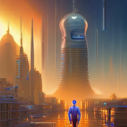 Prompt: sentient ai robotic all knowing being designed by jony ive in cybercity, golden hour, poster by michael whelan and gilbert williams and evgeny lushpin and artgerm and alena aenami, 3 0 mm, well proportioned, highly detailed, rule of thirds, long exposure