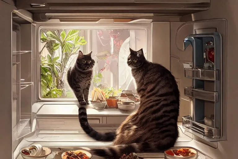 Image similar to cat sitting by fridge in modern kitchen waiting to be fed, intricate, elegant, highly detailed, digital painting, artstation, concept art, matte, sharp focus, illustration, art by Artgerm and Greg Rutkowski and Alphonse Mucha