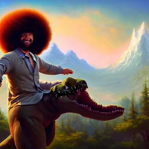 Image similar to bob ross!!! riding!!! a dinosaur!!, giant afro!, model pose, ultra realistic, concept art, intricate details, highly detailed, photorealistic, octane render, 8 k, unreal engine. art by artgerm and greg rutkowski and alphonse mucha