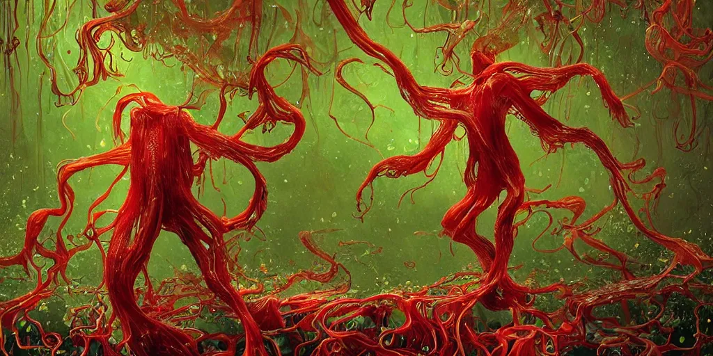 Image similar to epic image of a glossy wet levitating floating fungus spirit with arms outstretched, made from colorful wet fungus tendrils. illustration by james jean, by ivan bilibin. uhd, amazing depth, glowing, golden ratio, 3 d octane cycle unreal engine 5, volumetric lighting, cinematic lighting, cgstation artstation concept art