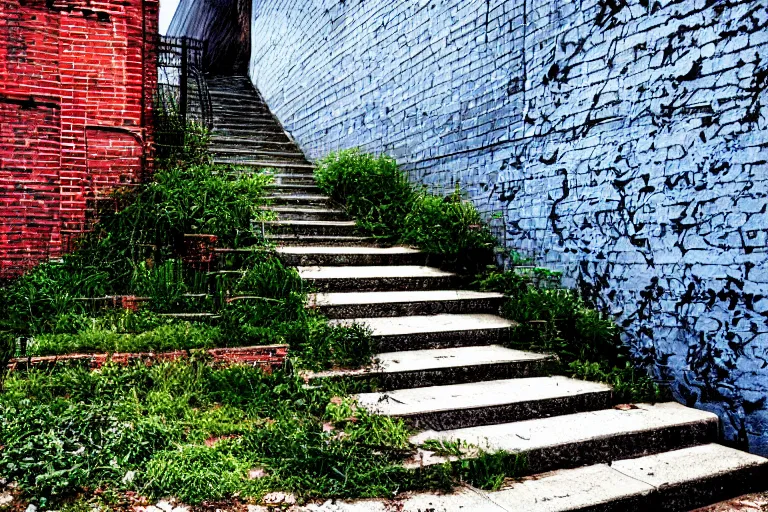 Prompt: small overgrown urban garden at twilight in Montreal backalley, brick wall, metal staircase, overcast sky, moonlight, volumetric lighting, cell-shading, blue and black color scheme