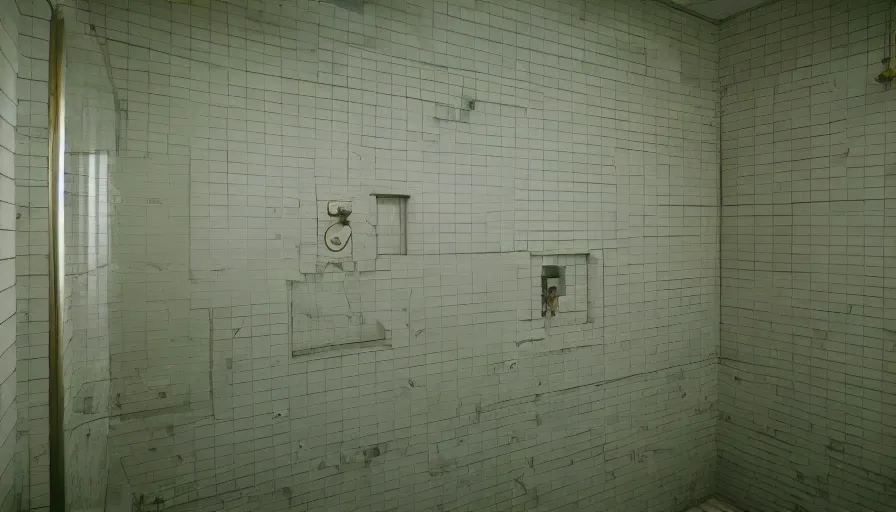 Image similar to 60s movie still of a sovietic stalinist style empty prison shower with yellow tiles, cinestill 800t 50mm eastmancolor, liminal Space style, heavy grain