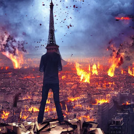 Prompt: A Guy standing a top of Eiffel tower, Zombie apocalypse, Zombie everywhere, Fire everywhere, Building destroyed, People screaming, Horde of zombies, digital art, anime style,