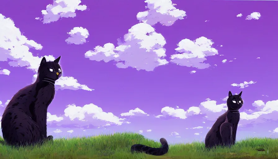 Image similar to highly detailed contemporary acrylic painting of really tall sitting cats by makoto shinkai, thick brush strokes and visible paint layers, glistening clouds in background, purpleb blue black, white and pink color scheme