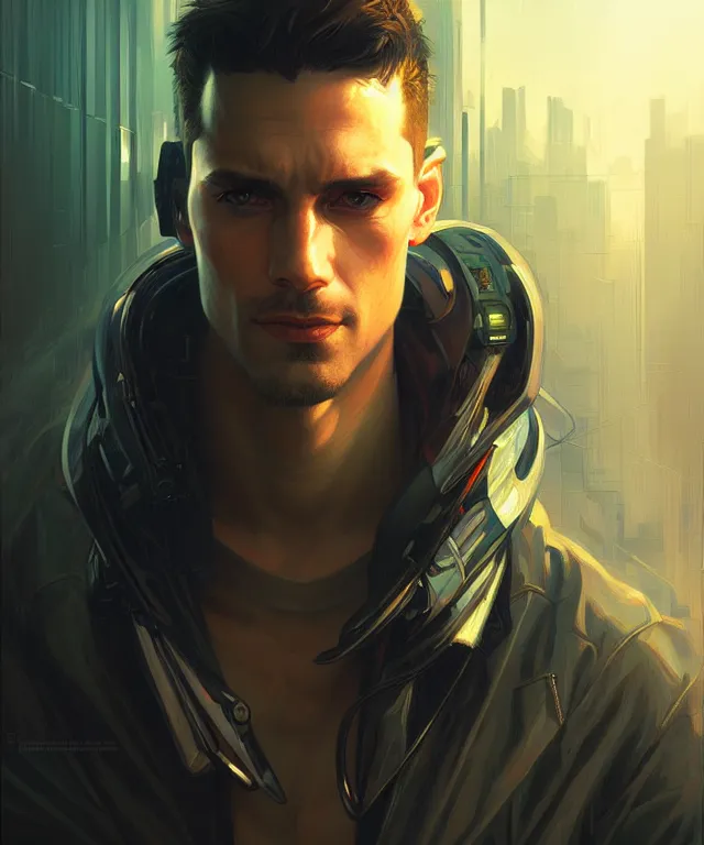 Image similar to Hacker cyberpunk man portrait, highly detailed, digital painting, artstation, concept art, smooth, sharp focus, illustration, art by artgerm and greg rutkowski and alphonse mucha