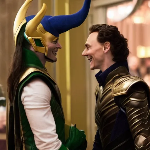 Image similar to Tom Hiddleston dressed as his character Loki and flirting with a skinny blonde woman wearing Mickey Mouse ears