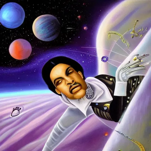 Image similar to a painting of prince in space in the style of dali. trending on artstation.