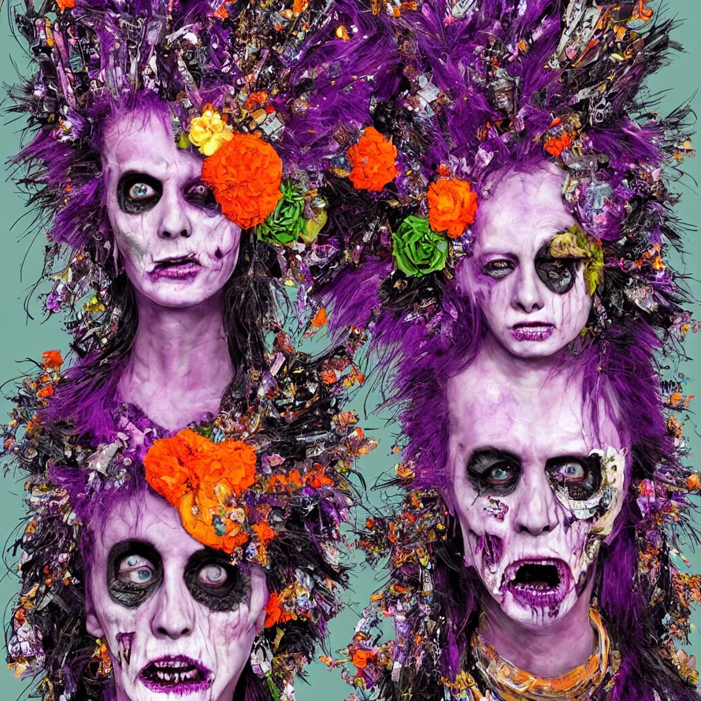 Prompt: a portrait of a punk rock zombie, purple mohawk, head made out of crystals, large fruit and flowers, Baroque, art by Arcimboldo, hyperrealism, elegant, digital painting, artstation, neon orange background