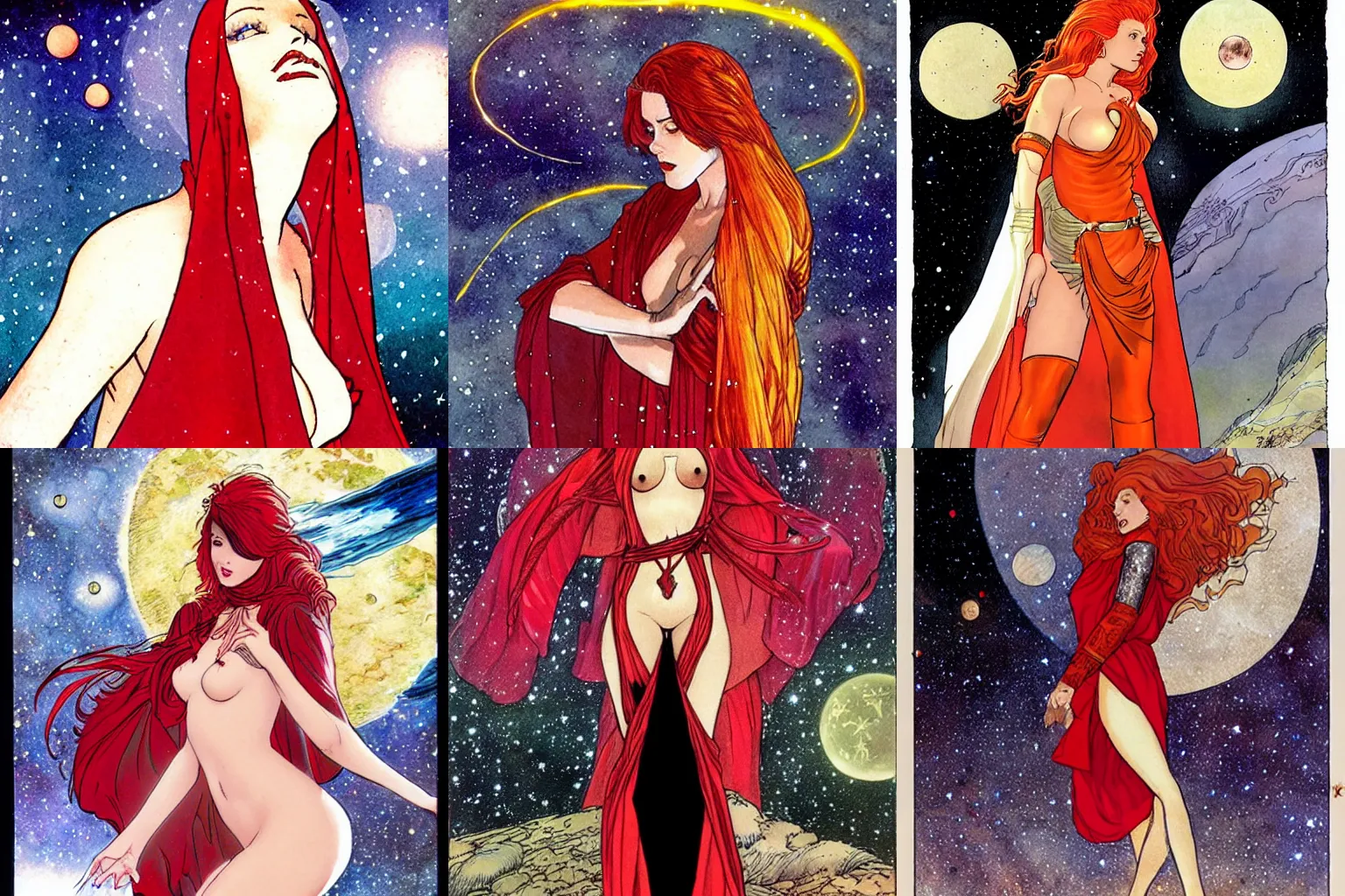 Prompt: a red haired space goddess, wrapped in a cloak of stars, sfw by milo manara