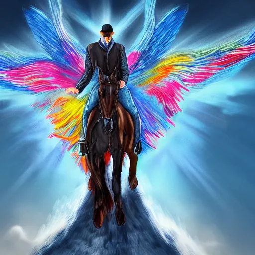 Image similar to man without head on top of horse with wings, colorful of blue color concept art, trending on artstation, highly detailed, intricate, sharp focus, digital art, 8 k