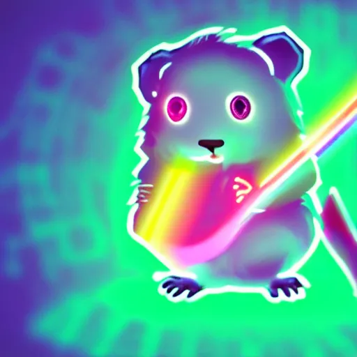 Image similar to cyberpunk hamster! holding rainbow! gem! crystal, neon lights, light reflection, 8 k, hd