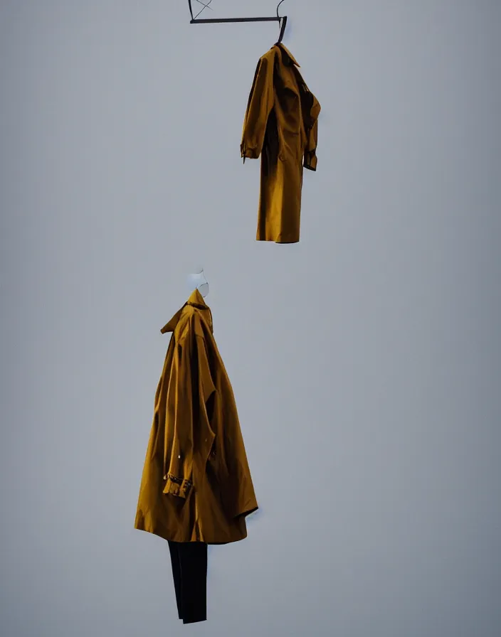 Image similar to close - up portrait of an empty slick fashionable zara raincoat floating suspended mid - air on a glittering rainy display designed by james terrell, wes anderson, symmetry, rule of thirds