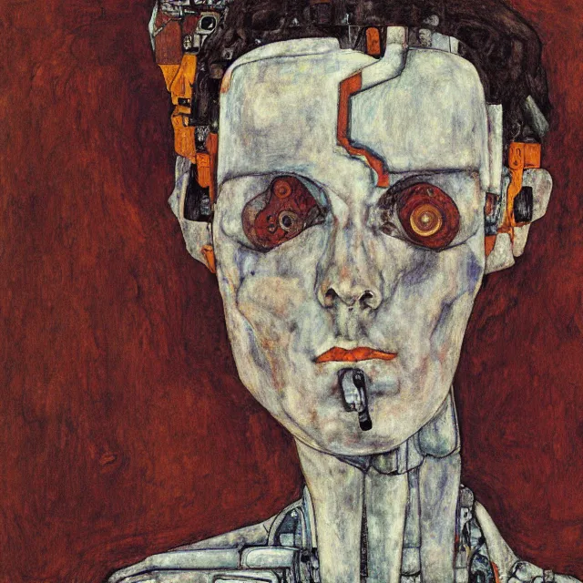 Image similar to portrait of a robot by egon schiele in the style of greg rutkowski