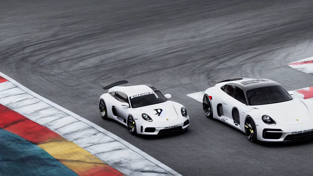 Prompt: photo of a porsche concept car on racetrack, cinematic, fine details, symmetrical, 4 k