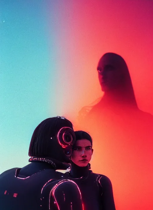 Image similar to cinestill 5 0 d photographic portrait of two loving female androids wearing rugged black techwear on a desolate plain with a red topographic holographic sky, extreme closeup, cyberpunk style, dust storm, 8 k, hd, high resolution, 3 5 mm, f / 3 2, ultra realistic faces, ex machina