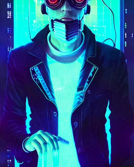 Prompt: cyberpunk synth, hyper - realistic portrait of a man in a suit with detailed neon mask, cyberpunk, intricate, digital painting, by atey ghailan, by greg rutkowski, by greg tocchini, by james gilleard, by joe fenton, by kaethe butcher, dynamic lighting, gradient light blue, lighting color scheme, sharp focus, grunge aesthetic