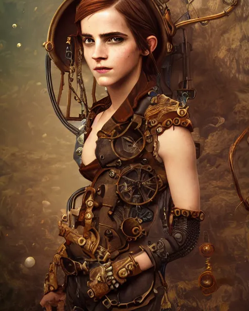 Image similar to underwater steampunk pirate portrait of emma watson, au naturel, hyper detailed, digital art, trending in artstation, cinematic lighting, studio quality, smooth render, unreal engine 5 rendered, octane rendered, art style by klimt and nixeu and ian sprigger and wlop and krenz cushart.