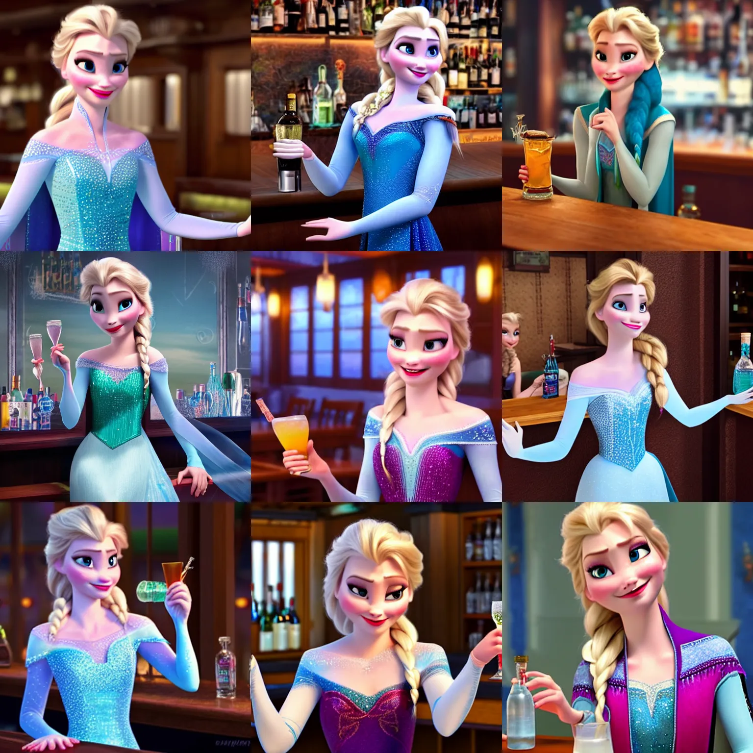 Prompt: elsa from frozen drunk in a bar asking for more alcohol, liquor bottles, vodka