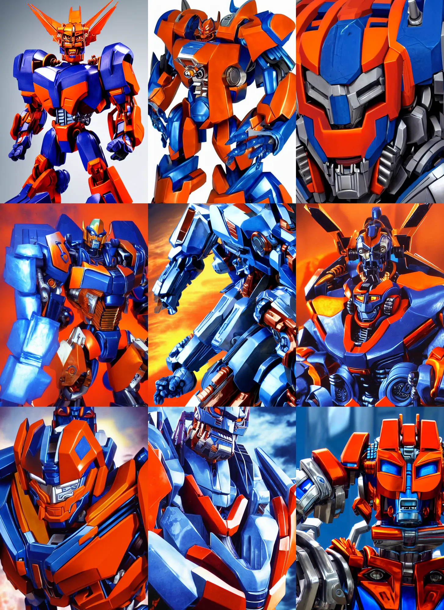 Prompt: dynamic character portrait of optimal optimus from beast wars in robot mode, beast wars, chrome orange and blue color scheme, chromed metal, transformers, transformers beast wars