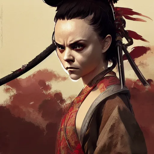 Image similar to Christina Ricci as an Samurai warrior, highly detailed, artstation, greg rutkowski and Frank Frazetta