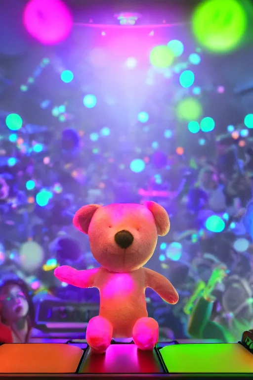 Image similar to stuffed animal DJ at a rave, glowsticks, dramatic lighting, cinematic, establishing shot, extremely high detail, foto realistic, cinematic lighting, post processed, concept art, high details, cinematic, 8k resolution, beautiful detailed, photorealistic, digital painting, artstation, concept art, smooth, sharp focus, artstation trending, octane render, unreal engine