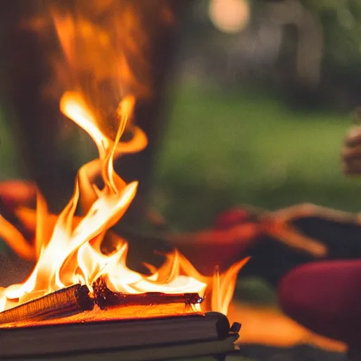 Prompt: campfire with flames creating the shape of a book