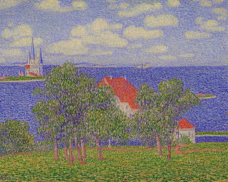 Prompt: pastel landscape painting of a chateau on top of a by Paul Signac.