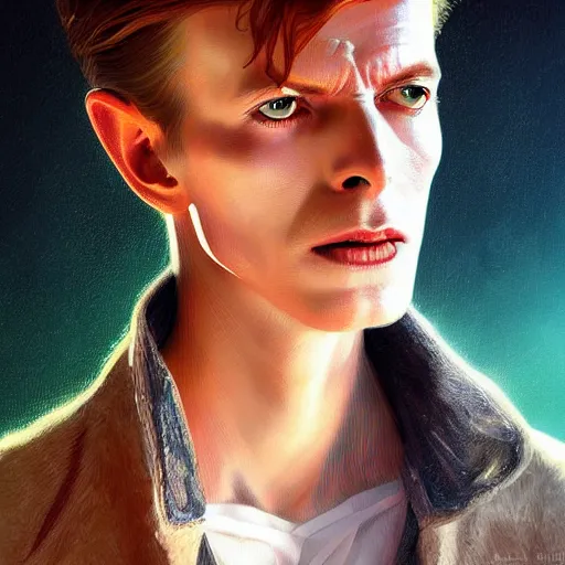 Prompt: young David Bowie, artists portrait, fantasy, highly detailed, digital painting, Abstract colours, concept art, sharp focus, depth of field blur, illustration, art by artgerm and greg rutkowski and alphonse mucha