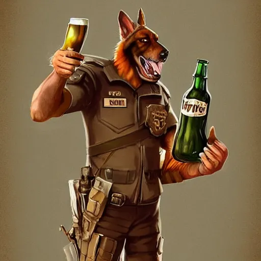 Image similar to a humanoid german shepherd beast - man in military style, holding a bottle of beer, artstation, concept art, smooth, sharp foccus ilustration, artstation