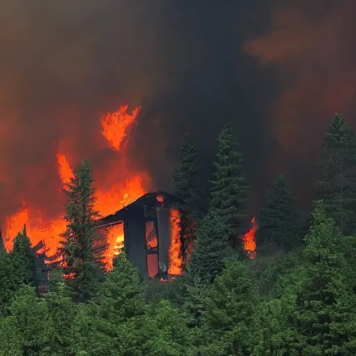 Image similar to a beautiful photo of a small hotel engulfed in a forest fire