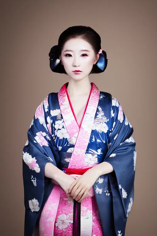 Prompt: a beautiful portrait of a gorgeous japanese girl wearing kimono, photorealistic, porcelain skin, beautiful eyes, smooth, 8 k, portrait photography, beautiful volumetric lighting, studio lighting