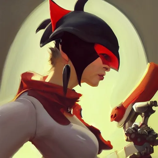 Image similar to greg manchess portrait painting of cait sith as overwatch character, medium shot, asymmetrical, profile picture, organic painting, sunny day, matte painting, bold shapes, hard edges, street art, trending on artstation, by huang guangjian and gil elvgren and sachin teng