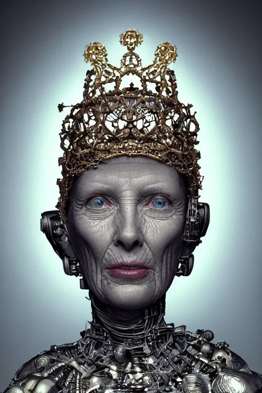 Prompt: portrait of a old female robot grandmother, intricate, dystopian toy, sci-fi, simple crown of little flowers, extremely detailed, digital painting, sculpted in zbrush, artstation, concept art, smooth, sharp focus, illustration, chiaroscuro lighting, golden ratio, incredible art by mike mignola and greg rutkowski, Antoni Gaudi and Pablo Picasso, compostion by mike mignola