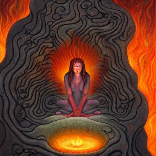 Image similar to a demon meditating near a zen garden with a lava waterfall in hell and opening a portal to heaven by amanda sage and anton semenov, oil on canvas 8k, dramatic lighting