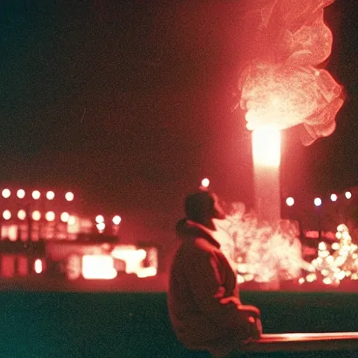 Prompt: man sitting on park bench on christmas eve smoking cigarette. cigarette glowing embers smoke volumetric c4d. harsh lighting, live action photo 1993 film. bokeh Christmas lights in the background