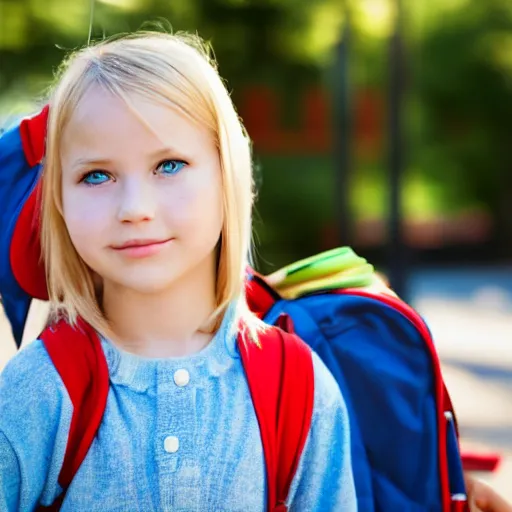 Image similar to a blonde girl waiting for the school bus, detailed face, sunny