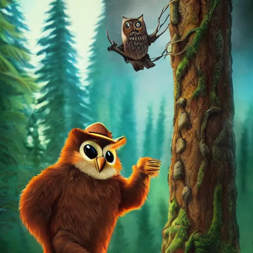 Image similar to woodsy the owl fights smokey the bear, artstation, award - winning, concept art,