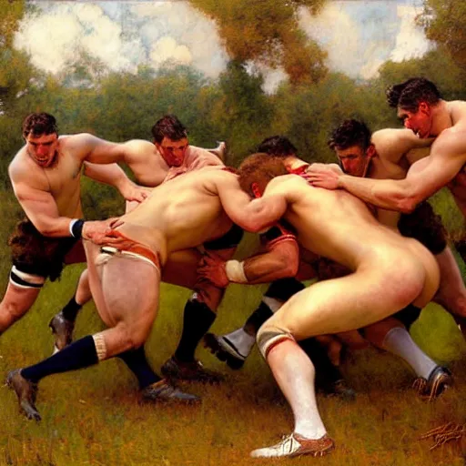 Image similar to handsome rugby players in a scrum painting by gaston bussiere, craig mullins, j. c. leyendecker, tom of finland