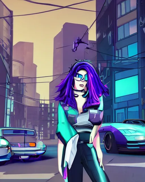 Image similar to cel shaded art of a pretty blue haired girl standing next to a purple lamborghinil, jet grind radio graphics, cyberpunk city street background