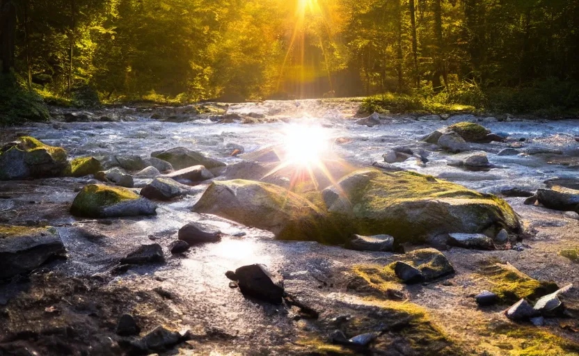 Prompt: a render of floating shining shards in a river in the forest as the sun rises, wide angle, 21:9,