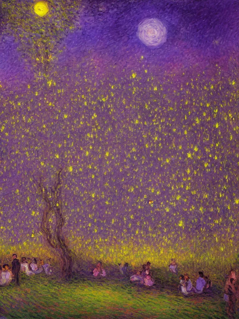 Prompt: gauzy twilight impressionist painting of fireflies in my backyard with an old apple tree in a purple cast with people! dancing in the moonlight, moon in right of sky, extremely city, intense purplish color oil painting by claude monet and piet mondrian, cosmic trending on artstation 8 k