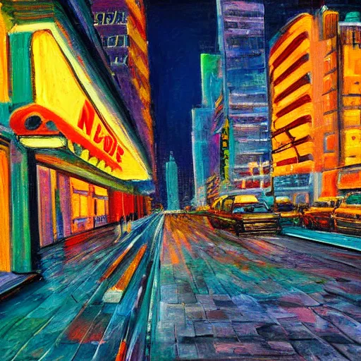 Prompt: impasto painting of new york city, street view, night, glow of neon lights.