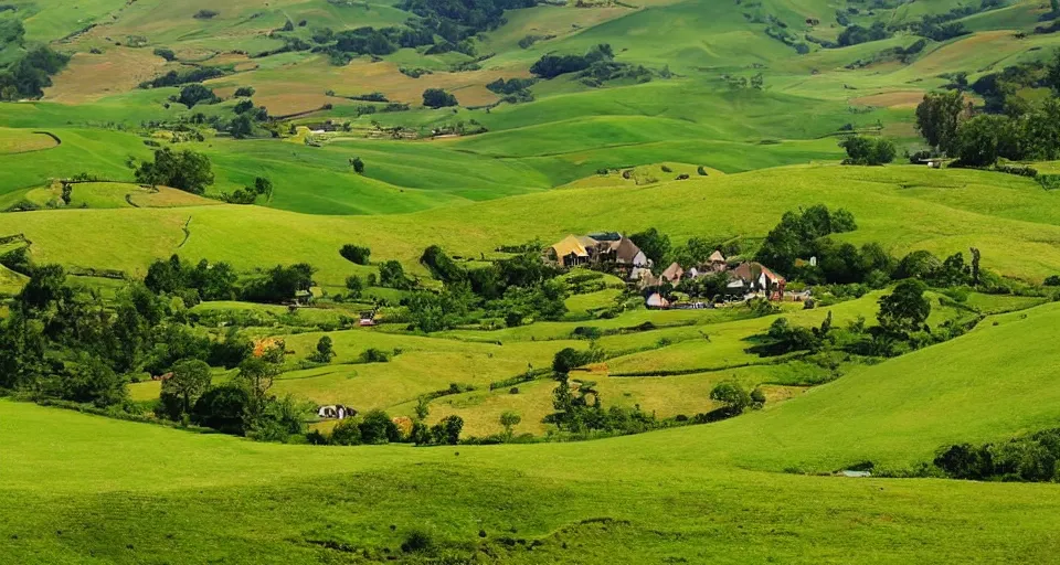 Prompt: verdant valley and rolling hills reminiscent of hobbiton, the lord of the rings